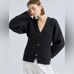 Almina Concept V Neck Cardigan Sweater Merino Wool M Black